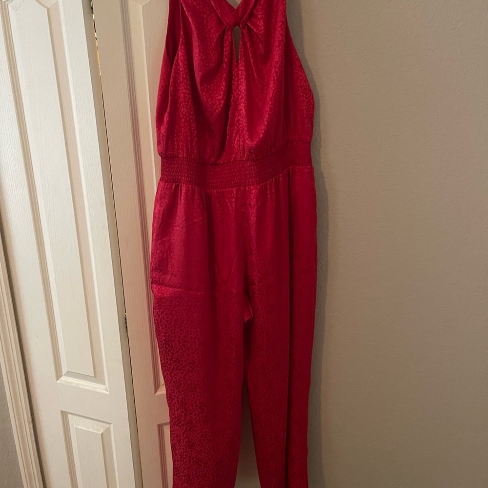 White House Black Market SL Red Jacquard Jumpsuit